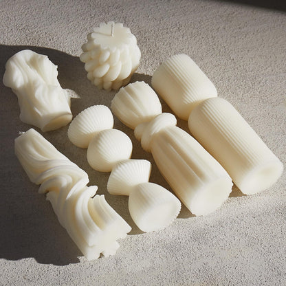 6 Pcs Small Handmade Ribbed Pillar Candle Set, Soy Wax Modern Home Decor for Living Room Bedroom, Aesthetic Table & Shelf Decor, Perfect Housewarming Gift (White, Small)