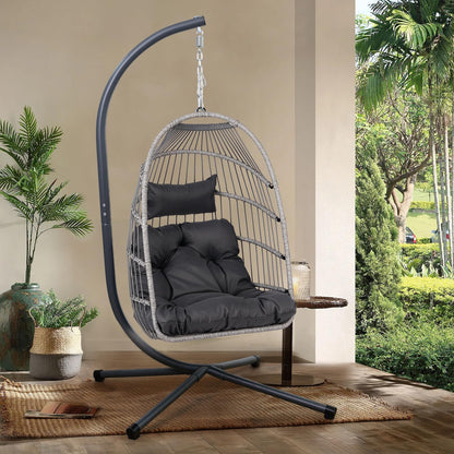 GDFStudio Outdoor Egg Hanging Chair with Stand, Patio Wicker Swing Egg Chair Indoor Outdoor Hammock Chair, 350 lbs Capacity, Black Gray