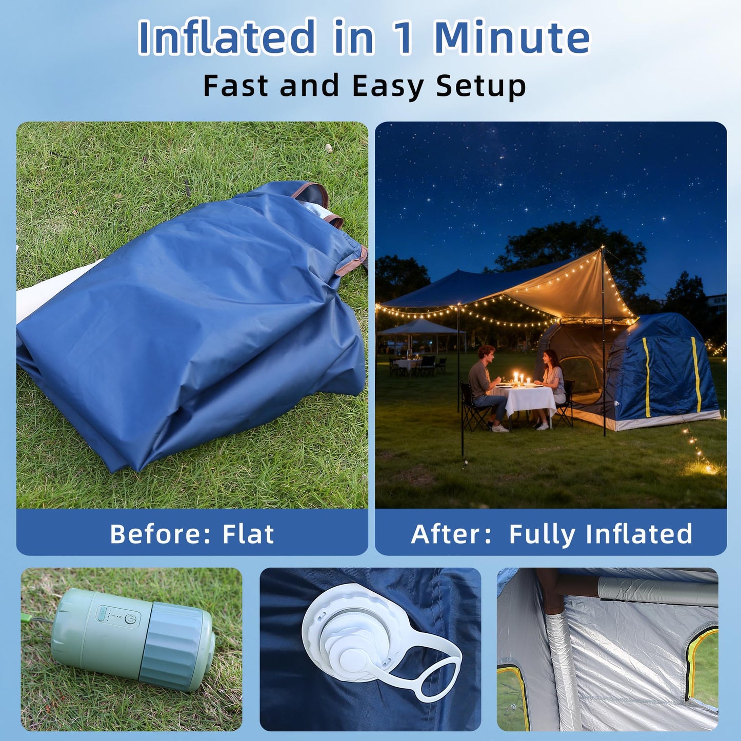 3-4 Person 3 in 1 Inflatable Tent, 60s Setup PU3000, 4-Season Waterproof Camping Tent with Electric Pump, All Weather Tent for Romantic Dates, Fall/Winter Camping, Hunting & Fishing