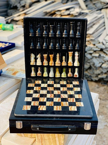 Marble Chess Set Handmade Onyx Full Chess Game Set.Comes in Rexine Box Packaging. Perfect for Gifting (Black Multigreen)