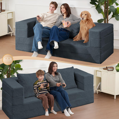 Cansunna Folding Bean Bag Chair for Adults,3-in-1 Bean Bag Couch Faux Fur Floor Sofa Large Beanbag Convertible Bean Bag Sofa Bed with Pillow in Bedroom,Living Room,Apartment(Queen,Dark Grey)
