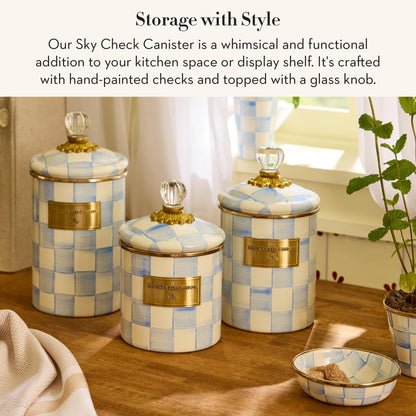 MACKENZIE-CHILDS Enamel Canister, Kitchen Storage Container with Lid, Medium, 48-Ounce Capacity, Light-Blue-and-White Sky Check