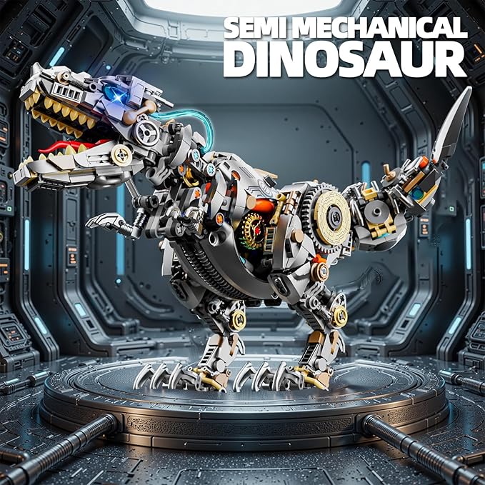 Mechanical T-Rex Dinosaur Building Blocks Set–Collectible Dino Model with Movable Gears LED Lights &amp Motor Complete with Display Stand Ideal Hobby Gift &amp Home Decor for Adults &amp Teens