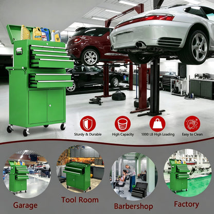 Heavy Duty 8 Drawer Tool Chest, Rolling Tool Box Cabinet on Wheels, 2-in-1 Detachable Metal Tool Storage Organizer for Garage and Workshop, Locking Steel Tool Cart with Portable Top Tool Box, Green