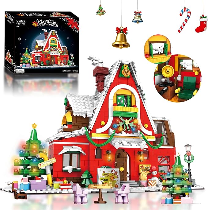 Christmas Family House Building Set Toy - Lego-Compatible Building Blocks Christmas Santa’s Visit Holiday House Winter Village with Xmas Tree Post Box Gift Idea Festive Home Décor for Kids Adults