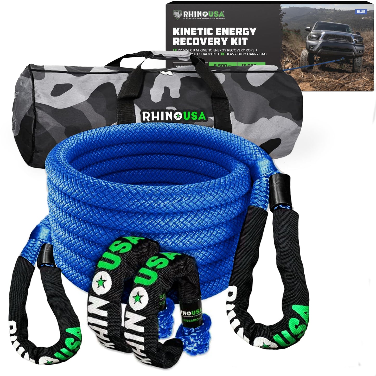 Rhino USA Kinetic Rope Recovery Kit (7/8in x 30ft) - Heavy Duty Offroad Snatch Strap - Includes 2 Soft Shackle for UTV, ATV, Truck, Car, Jeep, Tractor