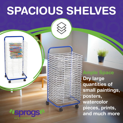 Sprogs 25-Shelf Mobile Art Drying Rack for Classrooms and Art Studios, Heavy-Duty Steel Rolling Art Rack Cart with 25 Shelves, Blue/White