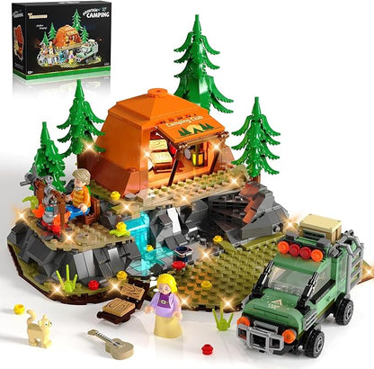 Mountain Camping Building Set with Light Outdoor Adventure Scene Toy with Camp Tent Camper Van Campfirre Creative Home Decor &amp Display Xmas Birthday Gift for Adults Teens Camping Lovers 677