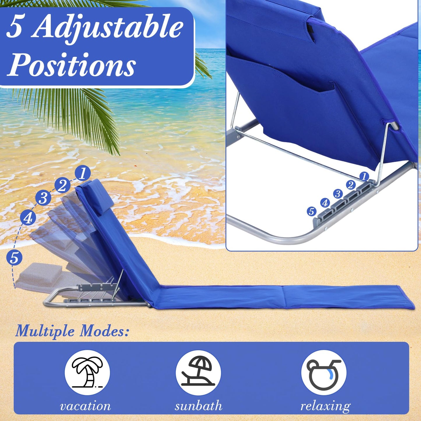 Beeveer 4 Pack Beach Lounge Chaise Chairs with 2 Folding Side Tables Portable Tanning Chair 5 Position Adjustable Lightweight for Sunbathing, Outdoor Yard, Lawn,Camping(Deep Blue)