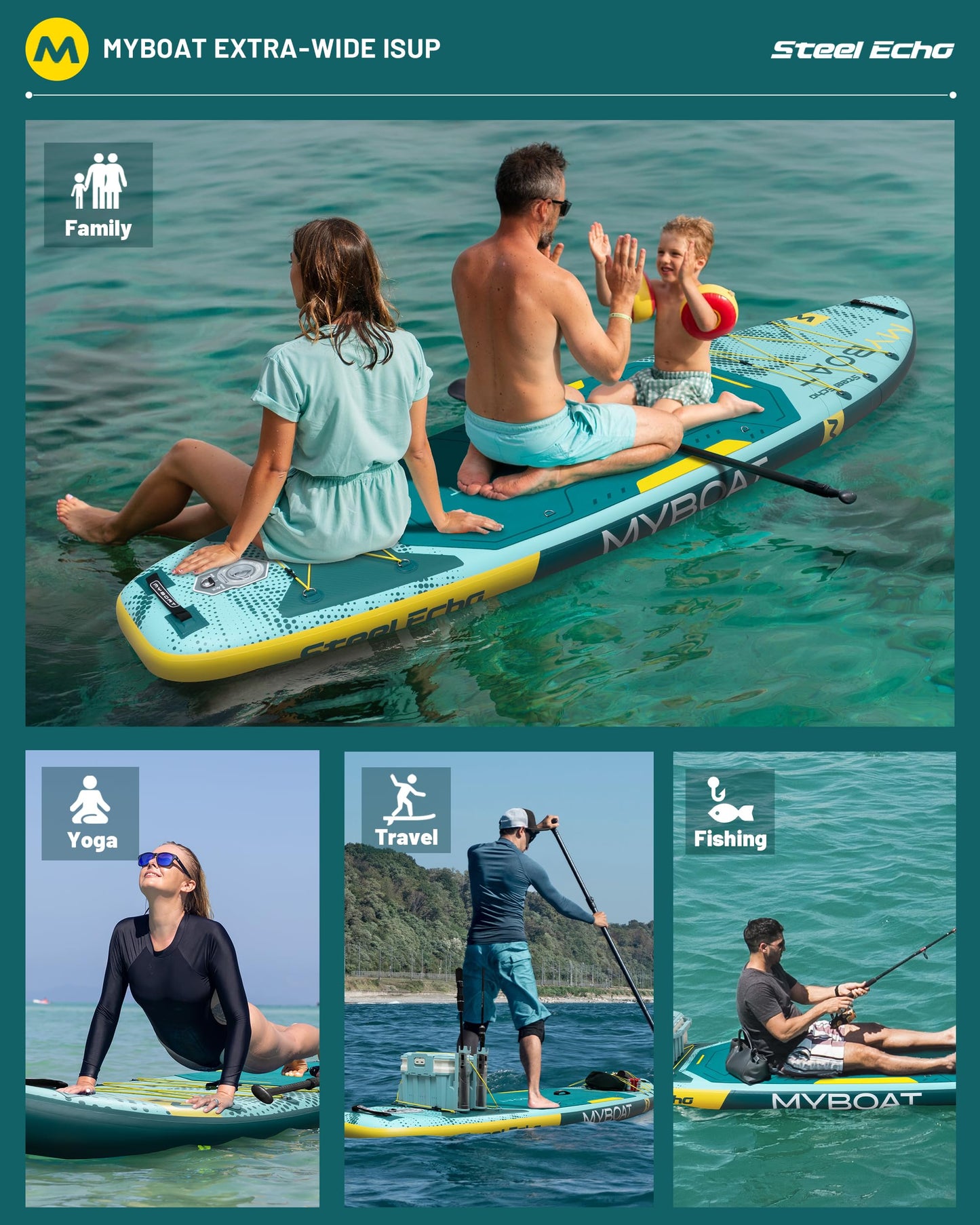 MYBOAT 11'6" Extra Wide Inflatable Paddle Board, 450LB Max Capacity Stable SUP for 2-3 People, Non-Slip Stand Up Board for Beginners & Fishing, Versatile 15 D-Rings, Dual Bungee, 3-Fin Stability