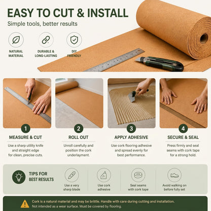 200 Sq. Ft. Cork Roll 48 x 600 Inch Cork Underlayment Roll Sound Insulation Mildew and Moisture Proof for Office Home School DIY Supplies(3mm Thick)