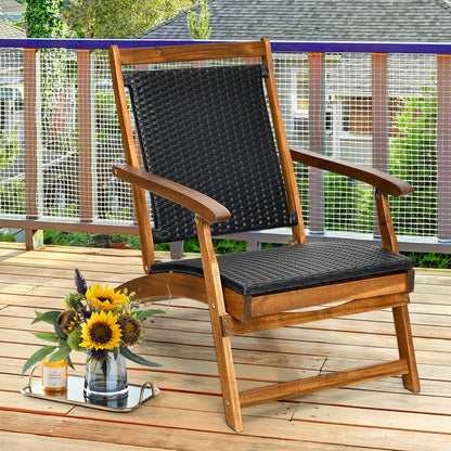 COSTWAY Patio Folding Rattan Lounge Chair, Acacia Solid Wood Frame, Low Deck Chair with Convenient Retractable Footrest, 24” x 51.5” x 32.5”