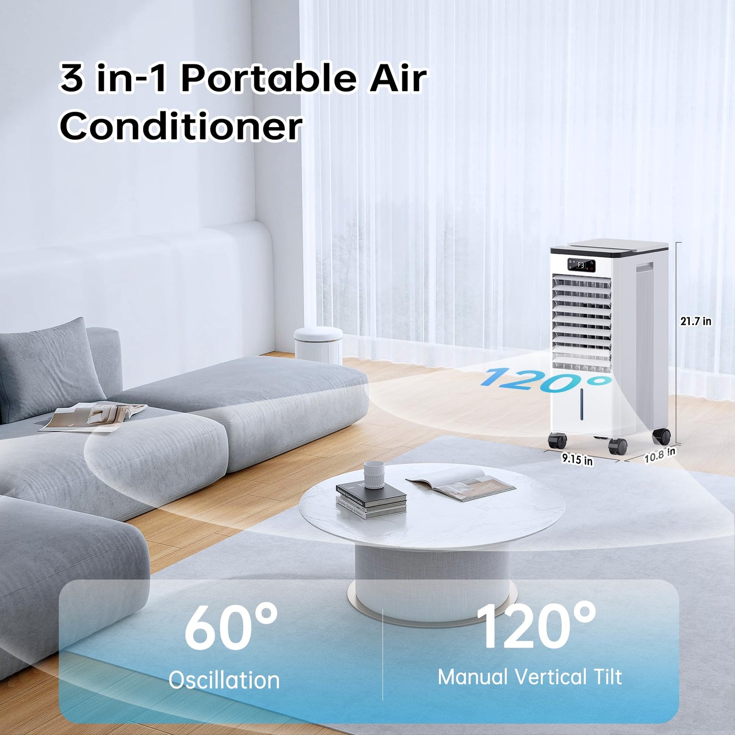 Ashihoti Official Evaporative Air Cooler, 4-IN-1 Portable Air Conditioners, Swamp Cooler, 3 Speeds & 4 Modes, 2-Gal Tank for Cooling, 16 FT/S Remote Control, Windowless Air Conditioners for Indoors