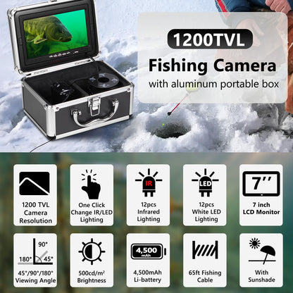 [FishPRO® 2026 Upgrade] Underwater Fishing Camera 1200TVL, 7'' Ice Fishing Camera Underwater[Aluminum Box], Fish Finder Ice Fishing Gifts for Men, IR+LED, 4,500mAh, 65ft