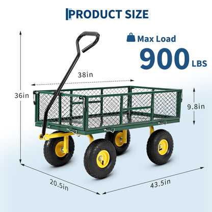 900 lbs Heavy Duty Steel Garden Cart, Garden Wagon Cart on Wheels, Outdoor Metal Yard Utility Wagon Carts with and Mesh Removable Sides and 180°Rotating Handle,Green