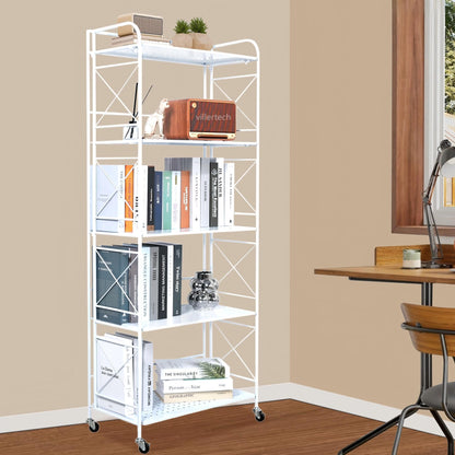 villertech Foldable 5-Tier Metal Shelf with Wheels - Folding Bookshelf Unit for Living Room, Kitchen, Study 12.6" D x 23.6" W x 57.0" H, Glossy White