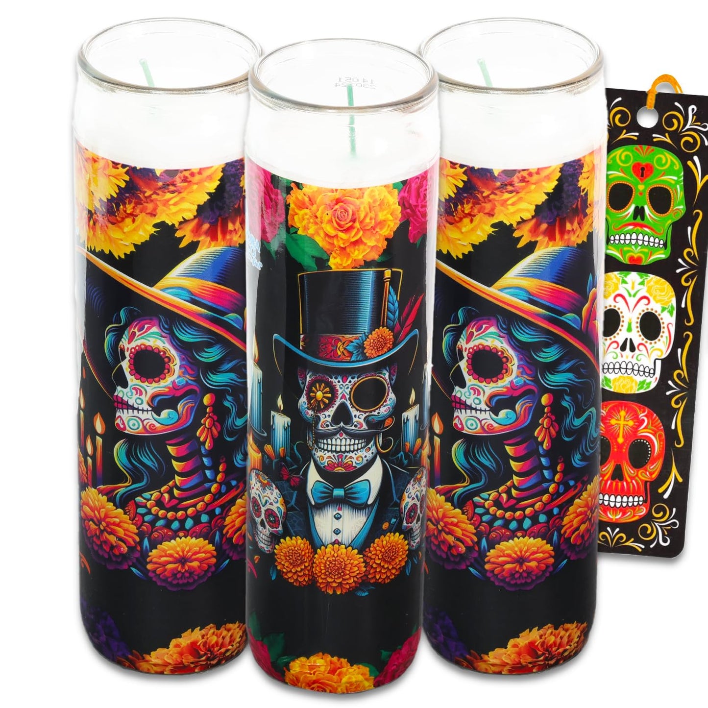 Dia de Los Muertos Religious Devotional Candles - 3 Pack of 8 Calaveras Sugar Skull Candles for Ofrendas, Vigils, Prayers, Blessing Ceremonies, More