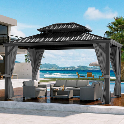 GarveeHome Outdoor Hardtop Gazebos 10 x 12 ft Permanent with High Strength Aluminum Frame, Double-Roof, Pavilion with Curtain and Netting for Patio, Lawn, Deck, Garden (Darkgrey, 10x12 ft)