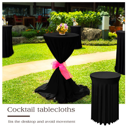 Tegeme 4 Packs Round Spandex Cocktail Tablecloths with Skirt 32 x 43 Inch Cocktail Round Table Cover Spandex Stretch Square Tablecloth Skirt for Table Bar Wedding Party Banquet (Black)