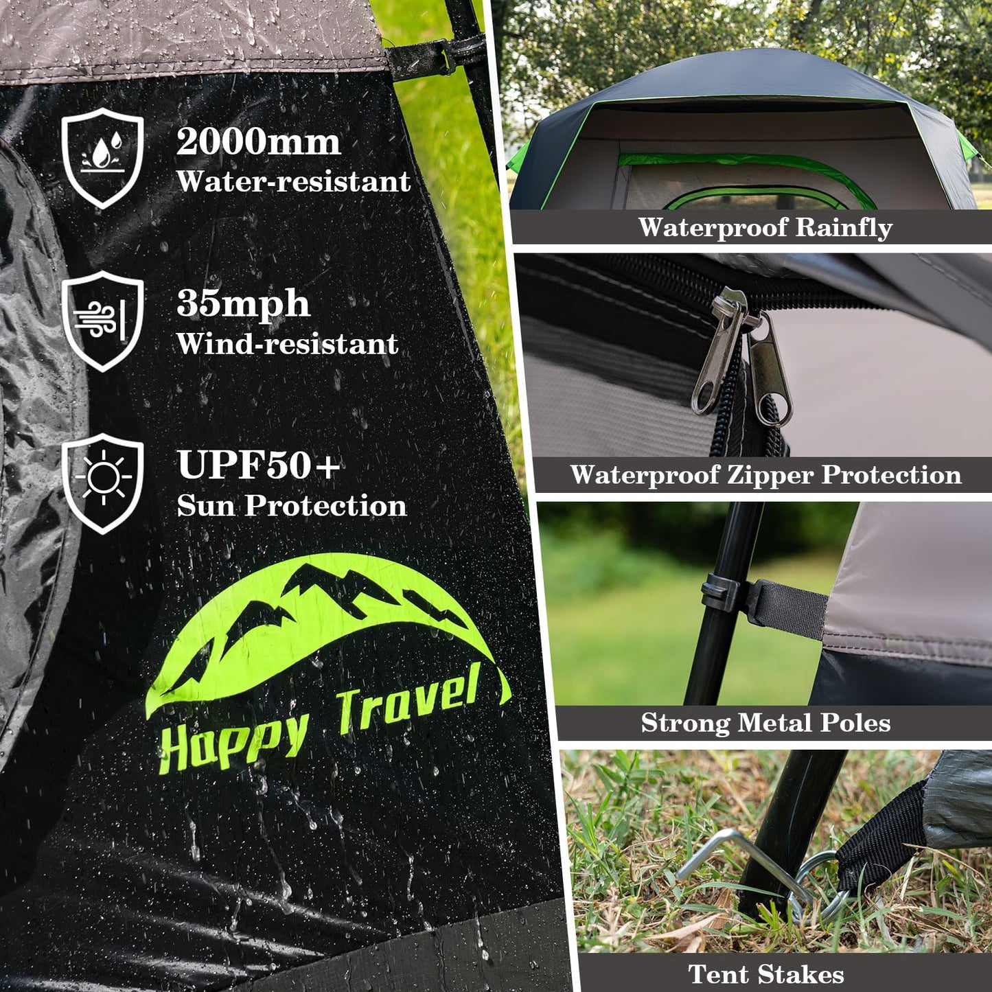 Happy Travel Tent 4 Person Tents for Camping, Waterproof Easy Setup Camping Tent with Top Rainfly, Portable Tall Cabin Tent with 4 Mesh Windows and Carry Bag for Outdoor Camping & Hiking