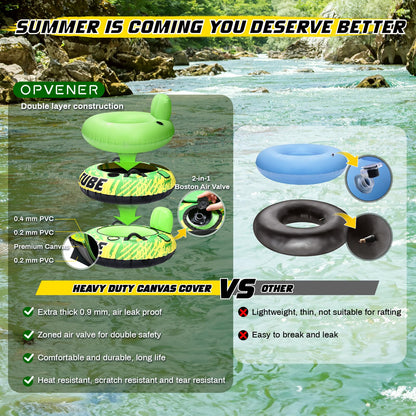 53" Heavy Duty River Tube for Floating with Canvas Cover, 2 Pack Tubing Floats for Lake Pool, Inflatable Water Tube for Floating with Cup Holder Handle Headrest, River Raft Carry 600lb of Adults
