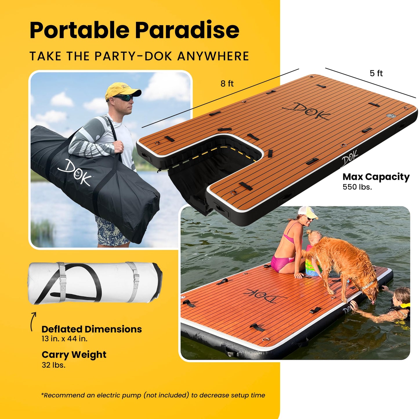 DOK Party-DOK Inflatable Dock Platform: Safe & Easy Water Access; Floating Non-Slip EVA Foam with Water Ramp for Pool, Dock, & Lake | Military Grade & High Visibility