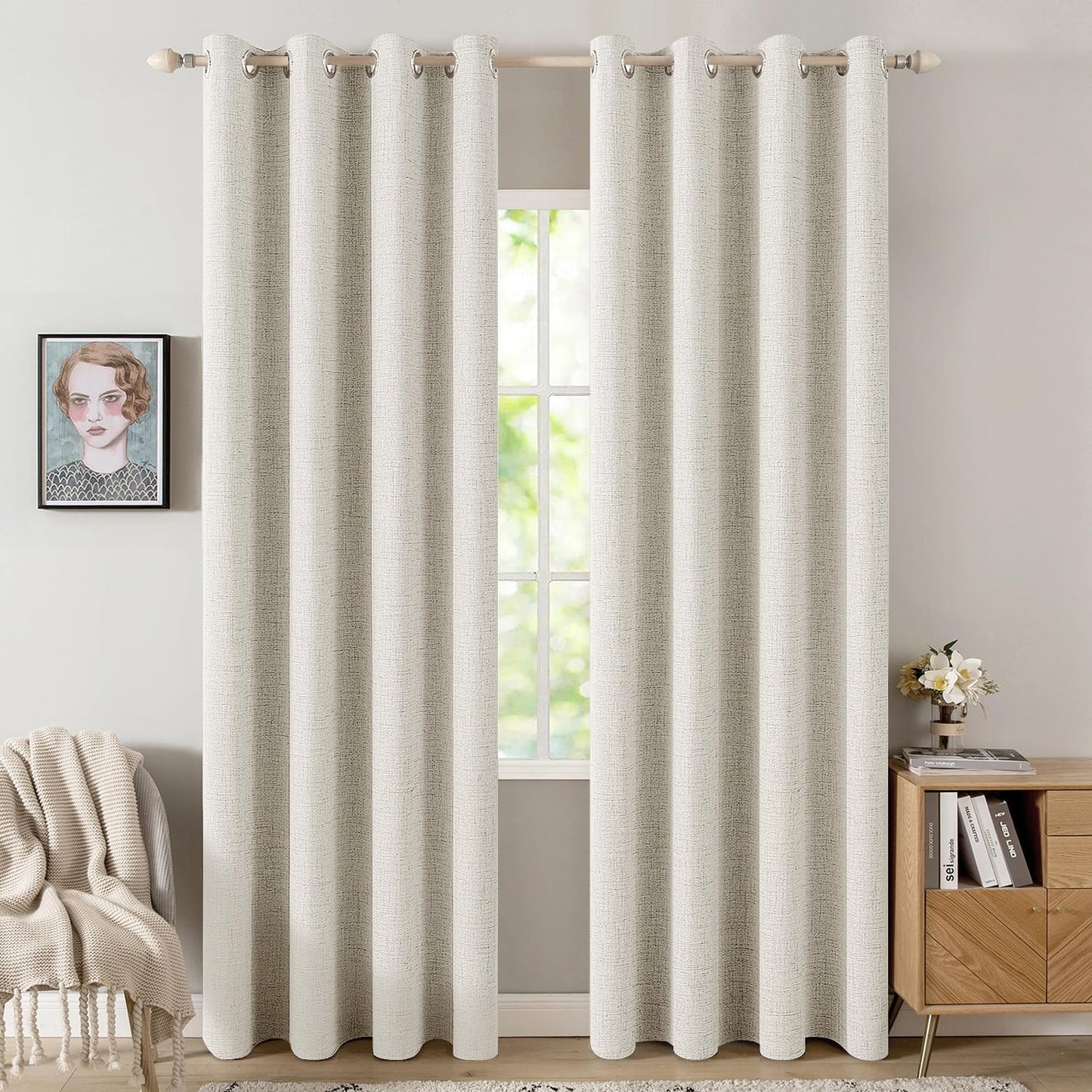 MIULEE Linen Texture Curtains - 100% Blackout Thermal Insulated Drapes | Beige, 52x90 Inch (2 Panels)