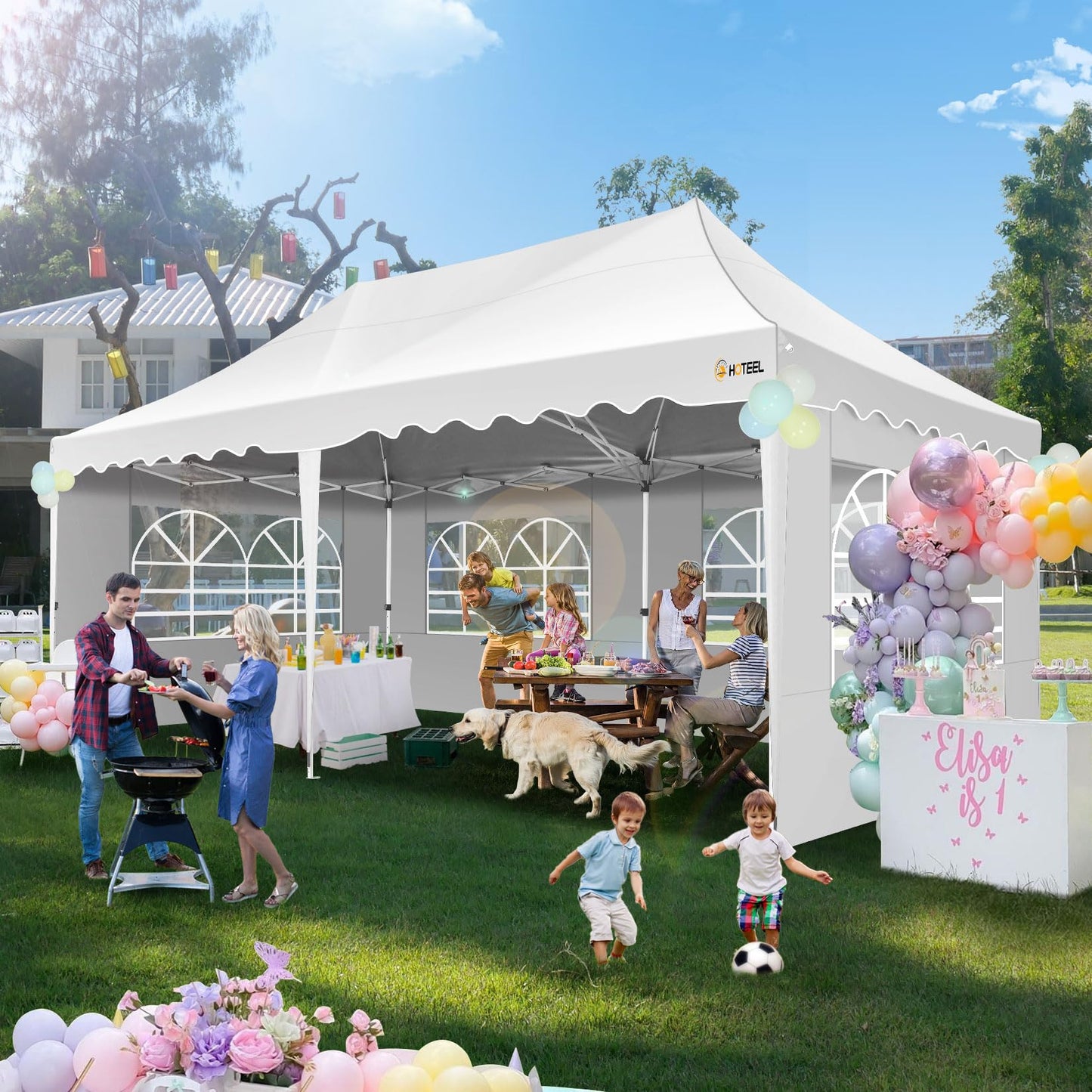 HOTEEL 10x20 Pop up Canopy Tent with 6 Removable Sidewalls, Wave Hem Roof 10x20 Canopy with Wheel Bag and 4 Sandbag, Commercial Pop up Tent Waterproof Sunshade for Market Wedding Party Stall (White)