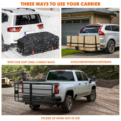 Garvee Folding Hitch Mount Cargo Carrier Basket 60" x 20" x 6", Hauling Weight Capacity of 500 Lbs with Folding Arm, Hitch Stabilizer, Cargo Net and Ratchet Straps