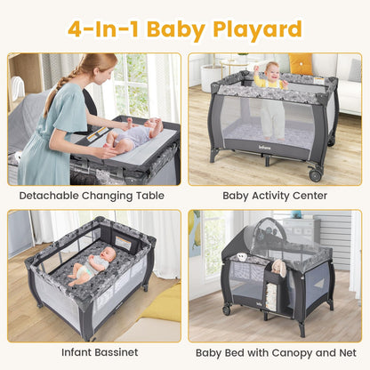 INFANS 4 in 1 Pack and Play, Portable Travel Baby Playard with Bassinet, Changing Table, Canopy, Mosquito Net, Hanging Toys, Music Box, Storage Bag, Large Playpen from Newborn to Toddlers (Grey)