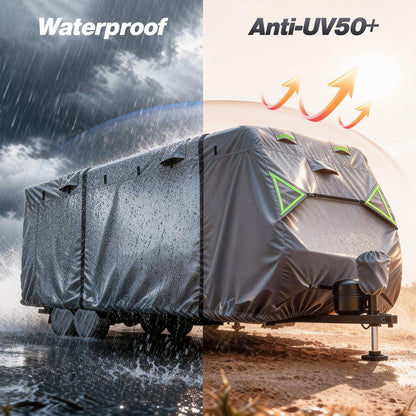 Jack Boss RV Cover, 7 Layers Waterproof Camper Cover with Tongue Jack Cover, Windproof Travel Trailer Cover with Gutter Cover, Fit for 27-30ft
