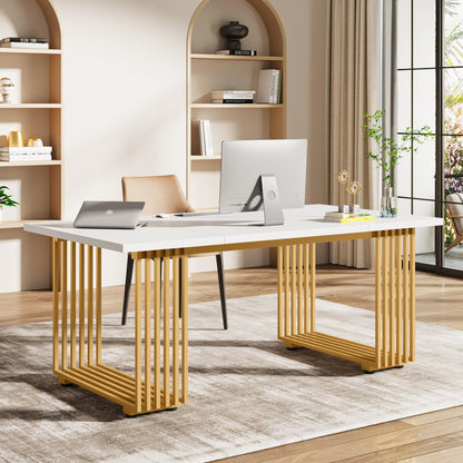 Tribesigns 70.9" Modern Office Desk, Wooden Computer Desk, White Executive Desk with Gold Metal Legs, Large Workstation for Home Office, Study Writing Desk, Small Conference Table for Meeting Room