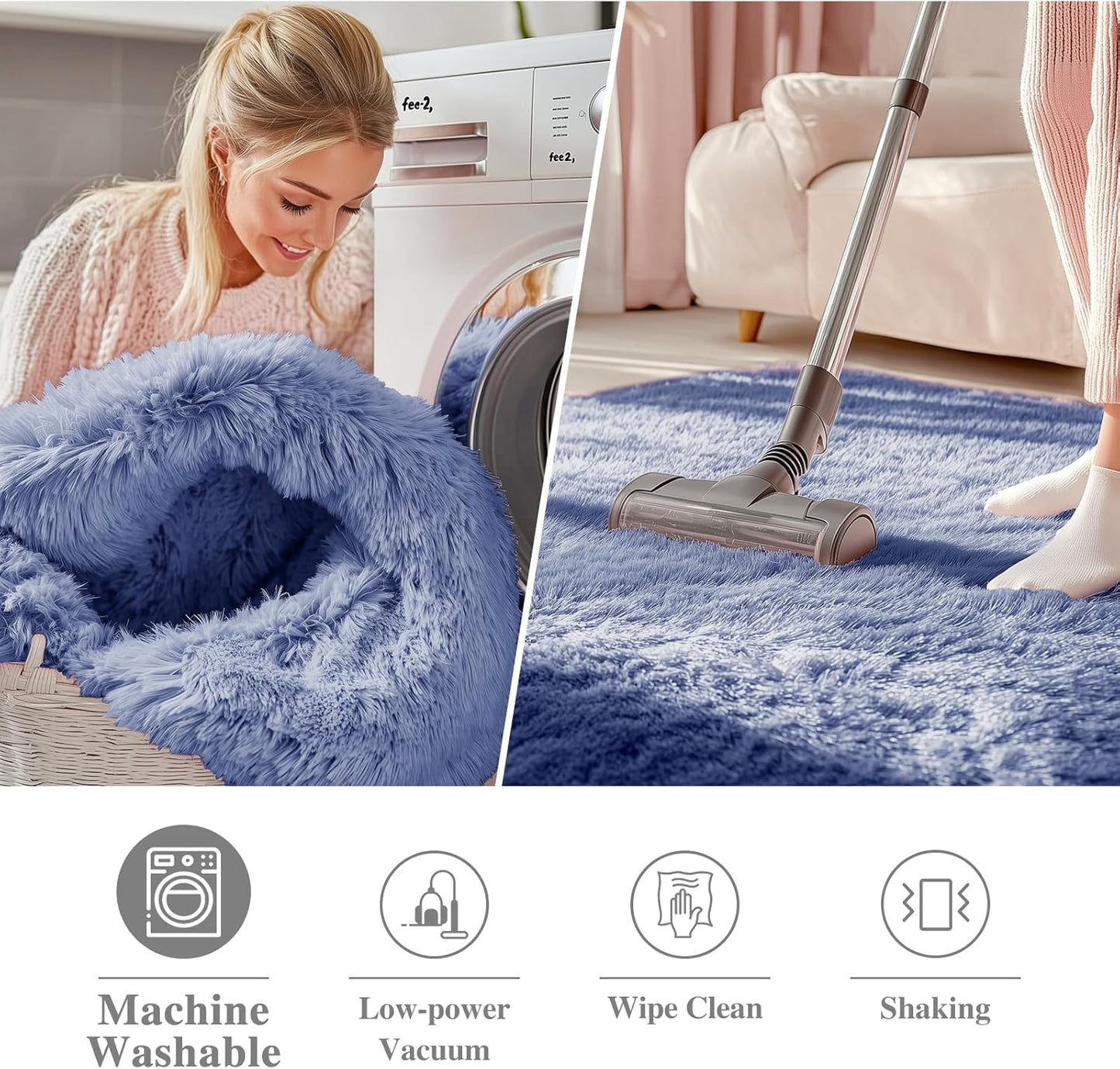 OLANLY Denim Blue Round Area Rug - Soft, Fluffy, Machine Washable 8 ft Circle Carpet for Bedroom & Living Room