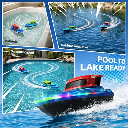 SYMA 2 Pack RC Boats for Kids Remote Control Boats for Pool 7-Mode LED Light Up &amp Water Spray Up to 40 Min Total (2 Batteries) 2.4GHz 164 ft Range Gift for Boys &amp Girls