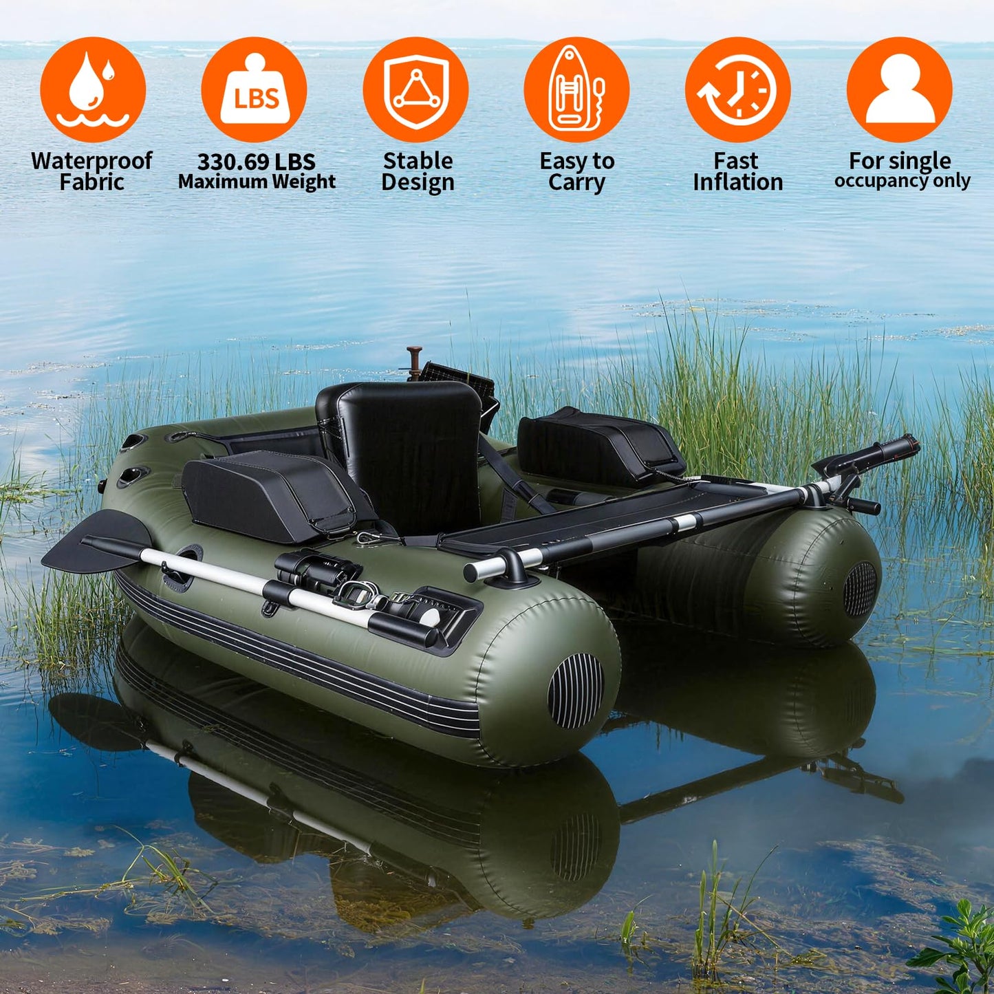 Xproutdoor Fishing Float Tube, Belly Boat Fishing with Pump, Fish Ruler, Adjustable Straps, Storage Pockets, 2 Oars, 2 Rod Holders, Motor Bracket Inflatable Float Tube for 330 LBS Load Capacity