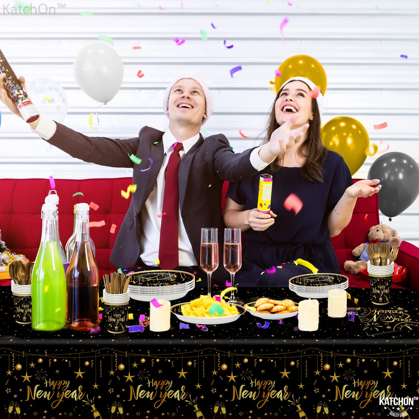 KatchOn, Happy New Year Plates Cups and Napkins Set - Serves 25 Guest | New Years Eve Party Supplies for New Years Decorations 2026 | Happy New Year Tableware for Nye Decorations 2026