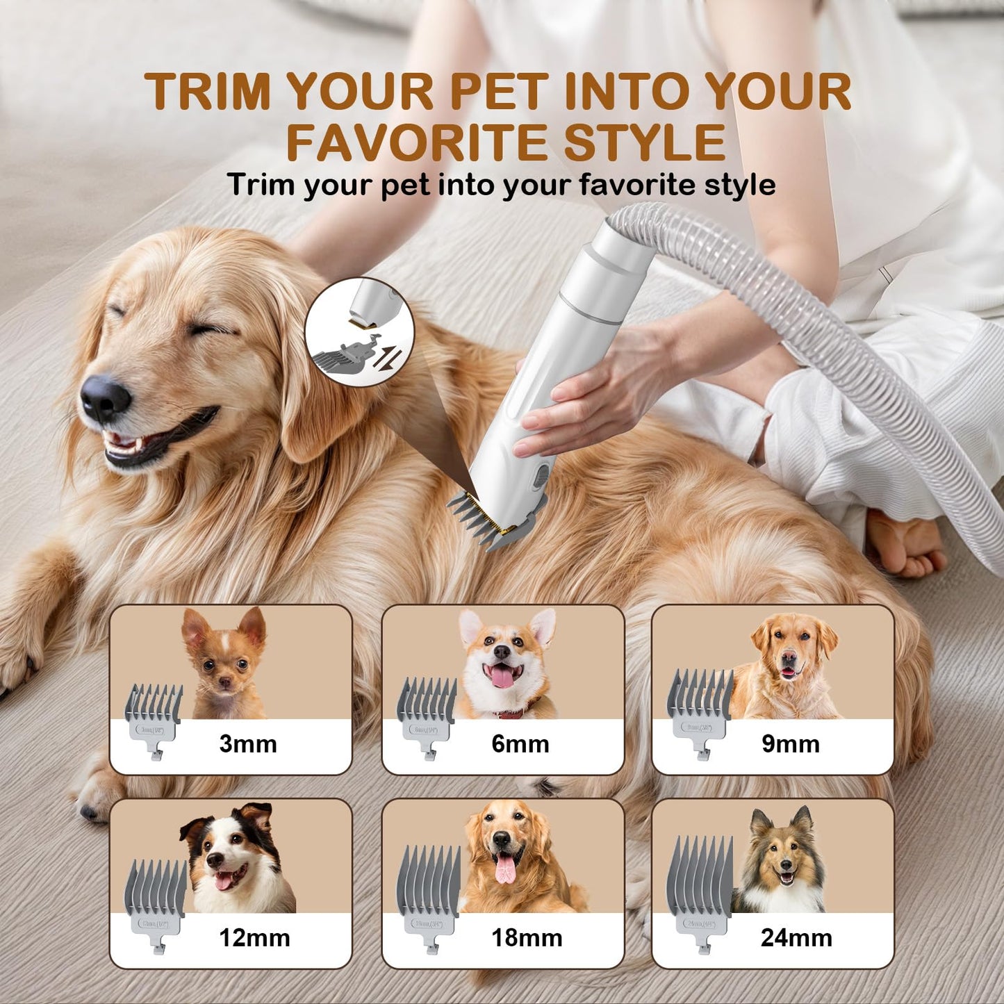 Ozumek Dog Grooming Vacuum, Dog Grooming Kit, 3 Suction Modes Dog Brush Vacuum with 5 Pet Grooming Tools (Alabaster)