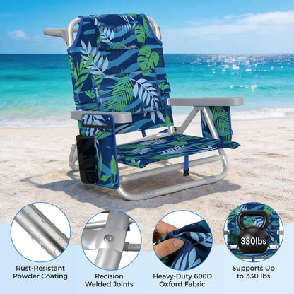 5-Position Backpack Beach Chairs for Adults, Foldable Heavy-Duty Beach Chair with Lumbar,Cooler Bag,Cup Holder,Towel Rack for Beach, Camping, Outdoor(2Pack)