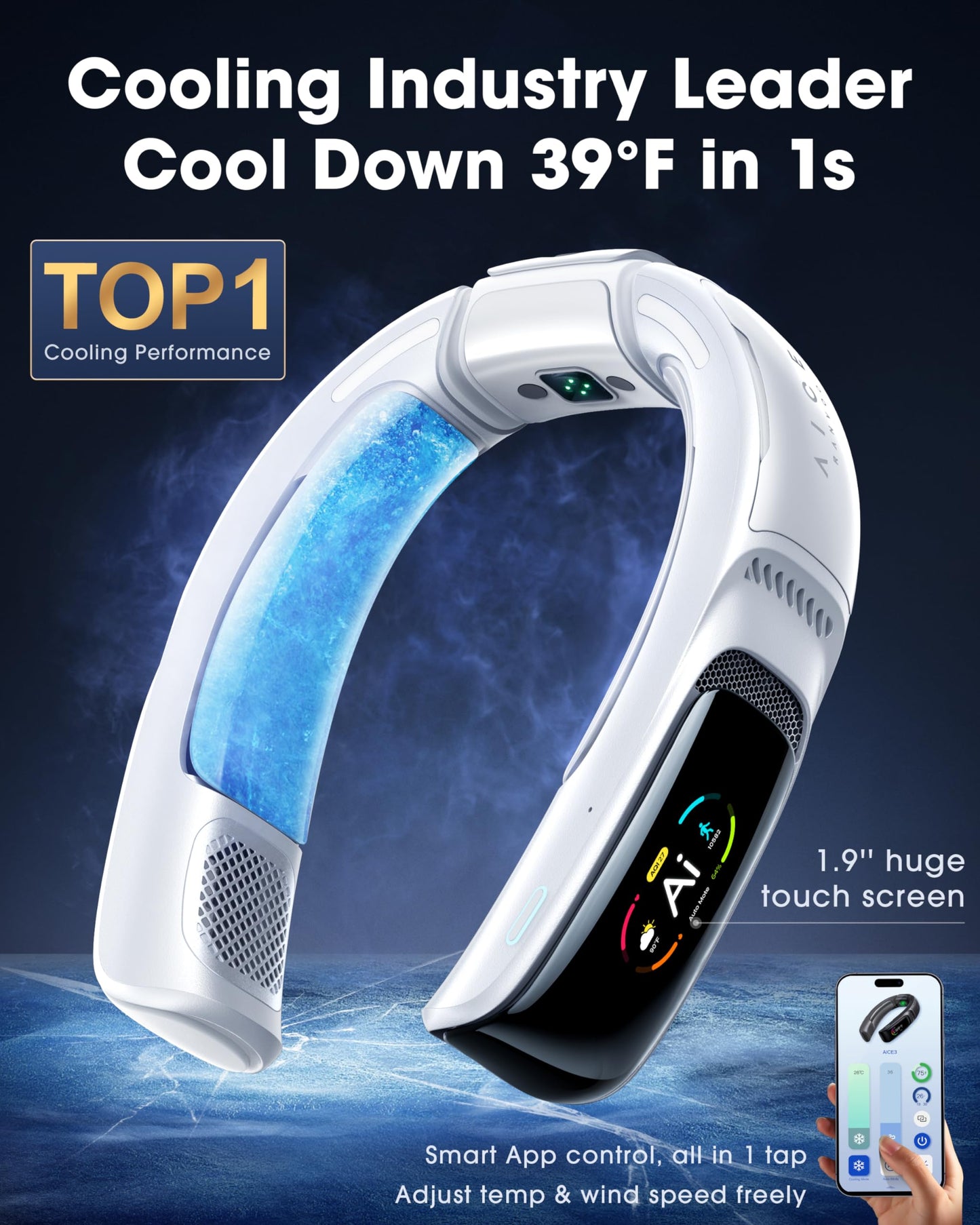 RANVOO No.1 AI Cooling A/C AICE 3 AI Neck Air Conditioner 7000mAh 30H [Full-body Cooling] [Health Monitor] Personal Neck Fan Cooler Rechargeable Wearable Music Call Gift [No Stand Version], Ice White