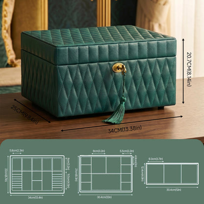 Homruilink Genuine Leather Jewelry Box – 3 Layer Large Jewelry Organizer with Mirror, Lockable Jewelry Box for Women – Necklace, Ring, Earring Organizer with Drawer - Fathers Day Gift for Dad (Green)