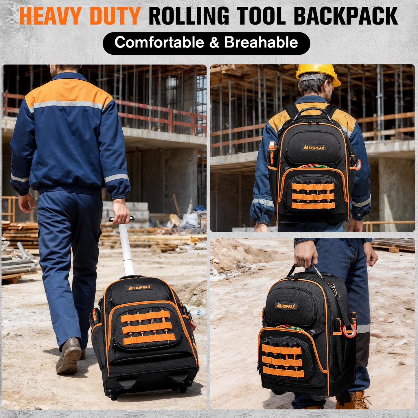 2-In-1 Rolling Tool Backpack Heavy Duty, 47 Pockets Rolling Tool Bag with Wheels, Tool Bag Backpack with Retractable Handle, 1680D, Backpack for Tools HVAC Electrician Construction Worker Mechanic