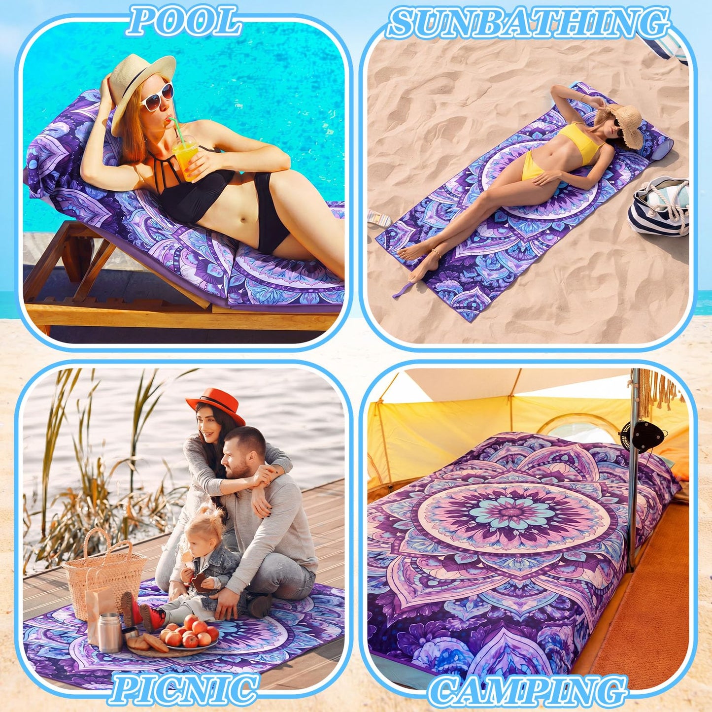 Lumina Garden 2 in 1 Microfiber Beach Towel with Round Inflatable Pillow 71'' x 32'' Mandala Lounge Chair Towel Oversized Quick Dry Blanket with Straps Pillowcases for Seaside Pool Camping