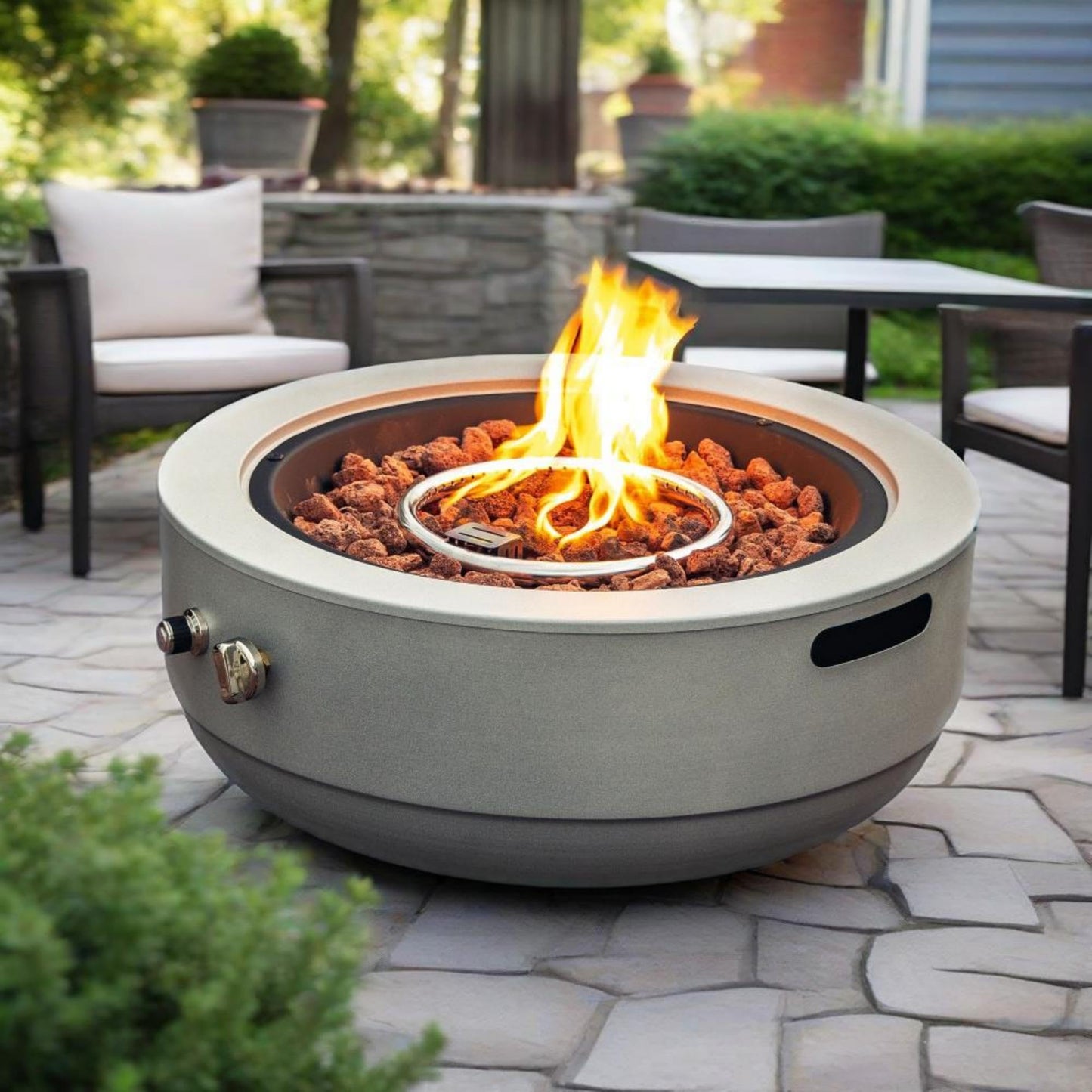 24" Propane Fire Pit Bowl, 50,000 BTU Round Steel Gas Fire Pit with Lid & Lava Rocks, Outdoor Patio Fire Bowl for Backyard, Deck, Garden, Grey