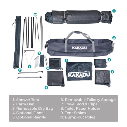 Kakadu Outback Shower Tent Deluxe, Triple Room Portable Privacy Shelter, Outdoor Camping Toilet Tent, Changing Room, Sturdy, Easy Setup - with LED Light, Carry Bag, Towel Rod