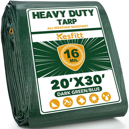 Kesfitt 16 Mil Heavy Duty Waterproof Tarp with Metal Grommets, Dark Green & Blue Reversible Poly Tarp, 20x30 ft, for Outdoor Protection, Yard, Garden, Farm, Camping & Equipment Coverage
