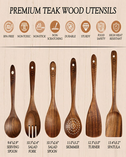 6-Piece Natural Teak Wood Utensil Set - Compact Nonstick Cooking Spoons & Spatulas, Durable Wooden Tools