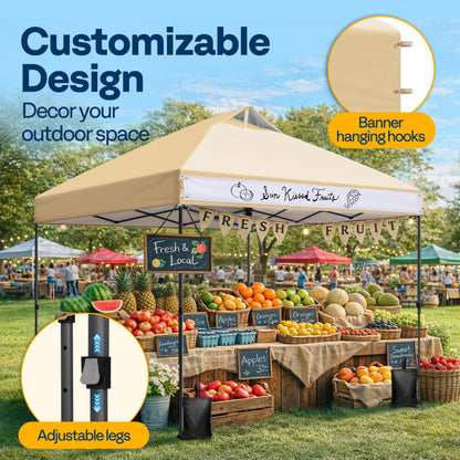 VIVOHOME 10x10ft Pop Up Canopy Tent One Push Setup Outdoor Portable Shelter Tent Heavy Duty with Wheel Carry Bag and 4 Sandbags, Beige