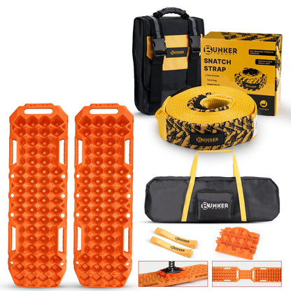BUNKER INDUST Off-Road Traction Boards with Jack Lift Base (Gen 9) Orange + 3" x 30ft Tree Saver Winch Strap 35,000 lbs Recovery Straps