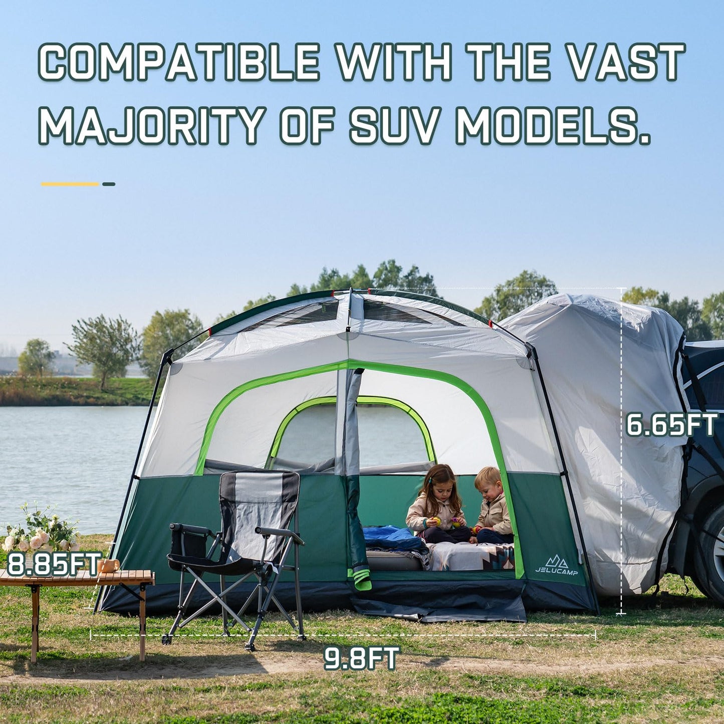 JELUCAMP SUV Tents for Camping 6 Person Waterproof, Car Family Camping Tent with Tailgate Attachment for SUV, Jeep, Truck with Cap, Easy Setup Large Tent for Outdoor Camping, Dark Green