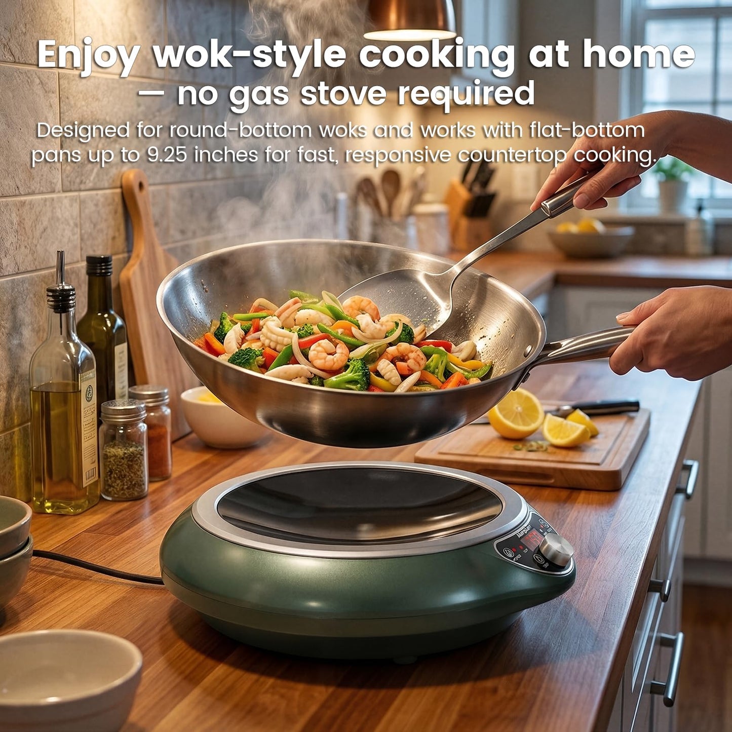 Abangdun 1700W 120V Concave Induction Wok Cooktop with Stainless Steel Wok, Non-Pulse Continuous Heating, 16 Power Levels, Portable Countertop Burner for Round-Bottom Woks & Stir-Fry Cooking
